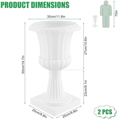 Plastic Urn Planter, Large 20 Inch Tall Flower Pot for Outdoor Plants, Classic Vintage Urn Planters with Pedestal Base, Tall Plastic Resin Planter Pot for Patio Garden (White (2 PCS)) - Image 2
