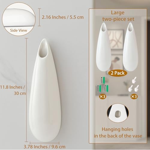 White Ceramic Wall Vases, Set of 2, 12 Inch, Teardrop Design - Image 2