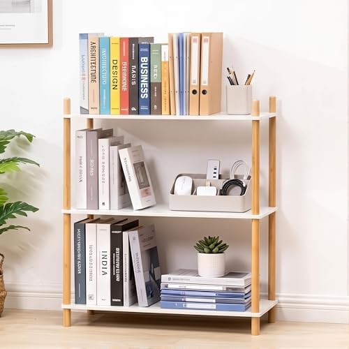 3‑Tier Expandable Freestanding Bamboo Bookshelf, Wooden Bookcase by WooFawn