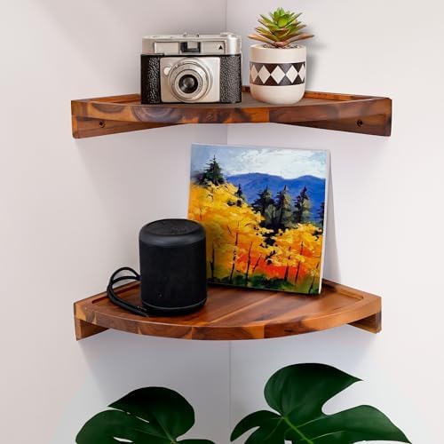 Demigo Round Floating Corner Shelves, Natural Acacia Wall Shelf, Set of 2 - Image 7