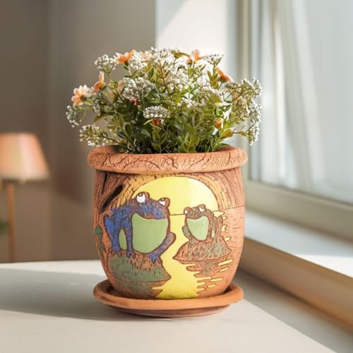 STP GOODS Ceramic Pot with Drainage Hole and Saucer, Plant Pots, Modern Decorative Planters for House Plants Indoor Flowers Plants, Cute Flower Pot - Gifts (Frogs in Moonlight (0.7 L)) - Image 2