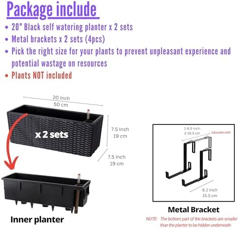 LaLaGreen Outdoor Rail Planter for Balcony (20 Inch, 2 Pack) Large Black Self Watering Deck Railings Planters with Brackets, Rectangular Plastic Fence Flower Box Designer Choice with Rattan Pattern - Image 2