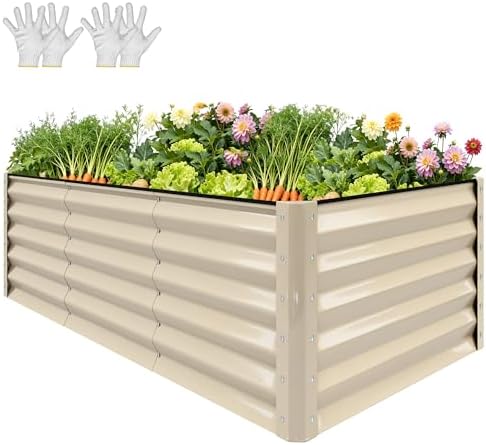 YITAHOME 8x4x3ft Large Raised Garden Bed Kit, Galvanized Metal Planter Box with Gloves, Support Rod & Safety Rubber, Outdoor Above Ground Planters for Plants Vegetables Flowers, Cream Yellow by YITAHOME