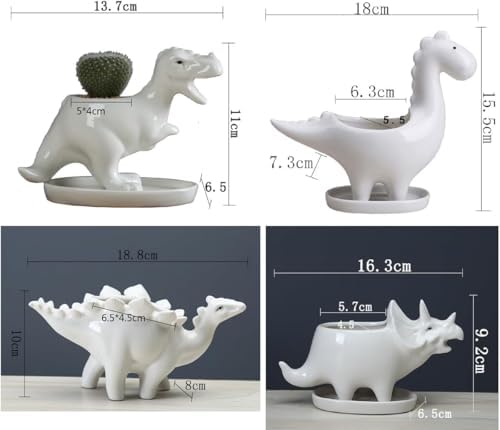 Ceramic Succulent Plant Pot Cactus Plant Pot Flower Pot Container Planter with Drainage Hole Home Office Desk Garden Gift Idea Animal Shaped Flower Pot Cute Vase Pot (4pcs Dinosaur) - Image 3