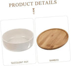 White Porcelain Succulent Pot with Drainage and Bamboo Tray Ceramic Planter Pot for Indoor and Outdoor Small Plants Herbs and Bonsai Flower Pot for Office and Home - Image 5