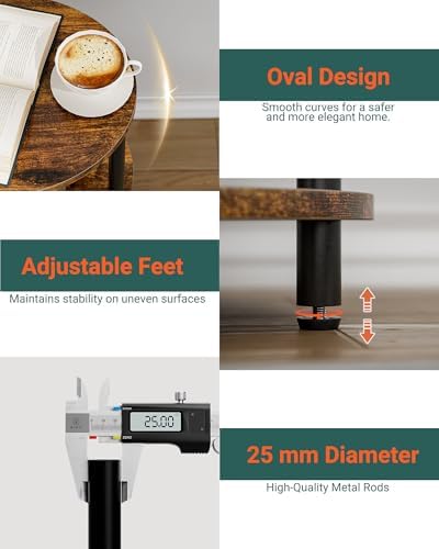 Small Round Side Table - 3-Tier Oval Accent Table for Small Spaces, Rustic Wood and Metal Nightstand for Living Room or Bedroom, with Built-in USB Ports and Power Outlet, Rustic Brown - Image 3