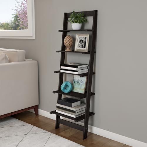 5-Tier Ladder Shelf - 50-Inch Narrow Leaning Bookshelf - Wooden Bookcase for Living Room, Bathroom, Kitchen, Office, or Bedroom Furniture by Lavish Home (Black) - Image 6