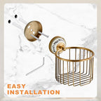 Vintage Wall-Mounted Toilet Paper Holder with Wire Basket Design, Antique Brass, Wall-Mounted Bath Hand Towel Holder with Ceramic Inlay, Vintage Style. - Image 7