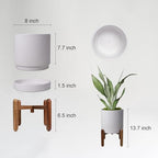 HERDUK 8 Inch Ceramic Planter with Natural Wood Stand w/Drainage & Saucer - Modern Indoor Planter for Cacti, Snake Plants & Aloe Vera - Image 2