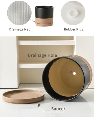 ADN 10inch Black+Brown Ceramic Planter Pot with Drainage Hole and Saucer - Image 3