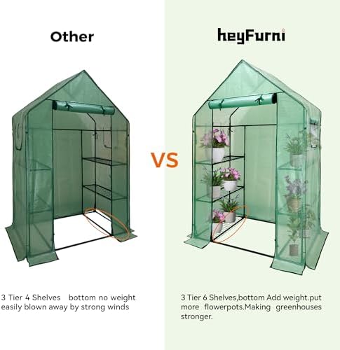 Heyfurni Walk in Greenhouse with Shelves,Walk-in Plant Green House with Durable Green PE Cover, 3 Tiers 6 Shelves Stands with Ground Pegs & Ropes for Stability, 56"x28"x76" - Image 3
