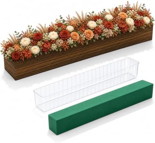 Dandat 1 Set Wood Boxes for Centerpieces 28x5 Inch Rectangle Wooden Planter Box Rustic Wood Planter with Removable Plastic Liner Floral Foam Blocks for Christmas Wedding Home Garden Decor(Dark Brown) by Dandat