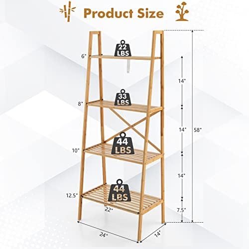 Tangkula 4-Tier Bamboo Ladder Bookshelf, Rustic Bookcase, Floor Standing Shelving Unit, Book Shelf Storage Organizer, Display Rack for Living Room, Kitchen, Bedroom, Office (1, Natural) - Image 2