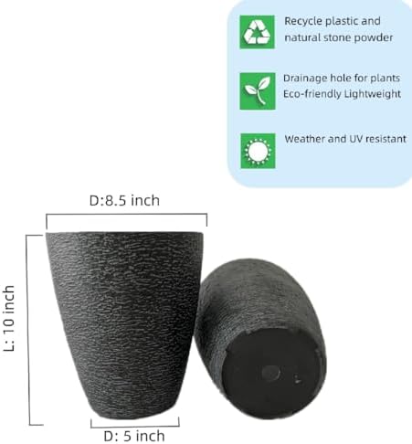 10 Inch Garden Planter Lightweight Indoor Outdoor Pots with Drainage Hole for Potted Plants Flowers Greenery, Set of 2, Black Grain Texture - Image 6