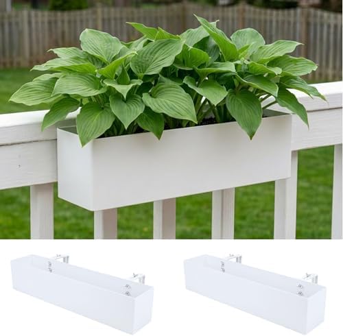 LaLaGreen Planter Boxes Outdoor (16 Inch, 2 Pack) White Metal Rectangular Railing Flower Box with Brackets, Deck Railings Planters for Plants Fence Balcony Patio Porch Modern Garden Decor Over Rail by L%C3%A1L%C3%A1Green