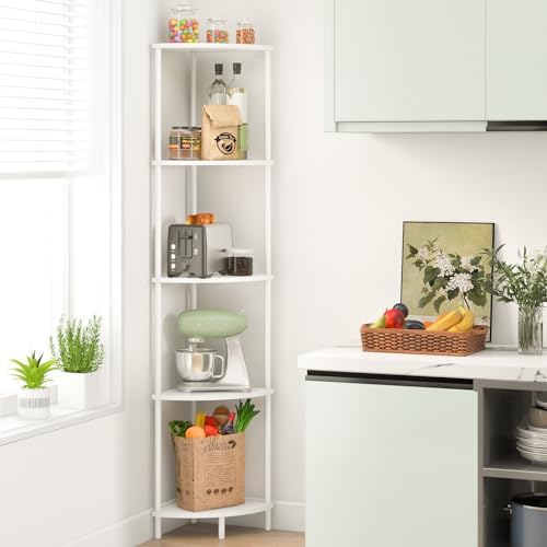 Yoobure Corner Shelf Stand, 5-Tier Bookshelf, 65" Tall Shelves for Bedroom, Living Room, Narrow Display Shelf Bookcase, White Book Shelf with Display Shelves for Office - Image 5