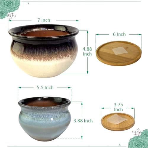 Terrecotta Succulent Pots Round 7 and 5.5 Inch Ceramic Plant Pot for Indoor Plants with Drainage Hole and Saucer Set of 2 (White and Blue) - Image 6