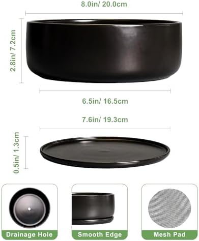 SQOWL Bonsai Pots - 8 Inch Ceramic Plant Pots for Succulents, Round Indoor Planter with Drainage Hole and Saucer, Shallow Modern Planter Bowl, Room Decor, Black - Image 3