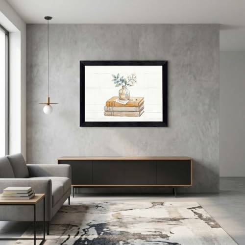 Framed Canvas Wall Art Watercolor Vintage Books and Jasmine Linen Tones with Peace Note Canvas Print Poster Black Frame Wall Decor for Office Study Cozy Library Art, Bookish Decor - Inch 12x16 - Image 4