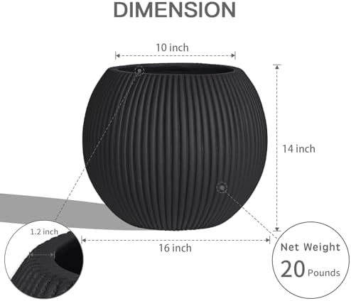16" Sphere Fluted Outdoor Planter, Black,Modern Round Plant Pot - Image 6