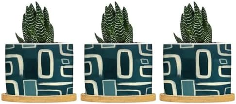 Teal Blue Graffito Ceramic Planters Green White Geometric Flower Pots for Indoor Plants with Drainage Holes and Saucers Pot for Indoor Outdoor Garden by BRUYU5SE