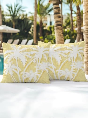 Tropical Palm Tree 18x18 Waterproof Outdoor Throw Pillows Set of 2 with Inserts, Vintage Yellow Exotic Botanical Plants Patio Decorative Cushions for Outdoor Sofa Porch Garden Furniture - Image 5