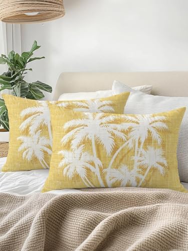 Outdoor Pillows Waterproof Set of 2, Tropical Palm Tree Patio Throw Pillows for Couch Bed Sofa with Insert, Vintage Dark Yellow Botanical Plants Decorative Travel/Reading/Camping Pillow Set 12x20 Inch - Image 3