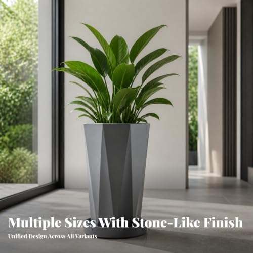 Resin Planter with Saucer Tray | Modern Matte Finish, Tapered Pot with Saucer, Clean Minimalist Look, Container Holder, for Entryway, Grey, M - Image 4