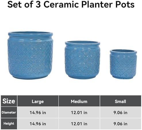Ceramic Planters Set, 15/12/9 in Large Flower Pots, Antique Blue - Image 2