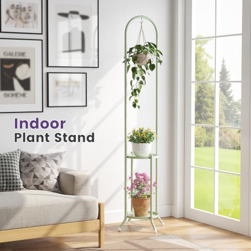 2-Tier Metal Plant Stand with Hanging Hook, Indoor Outdoor Plant Shelf (Green) - Image 2