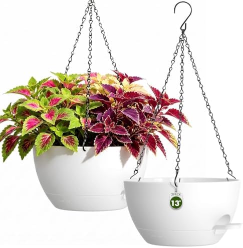 13 Inch Large Self Watering Hanging Planters 2 Pack with Saucers by Areutxbis