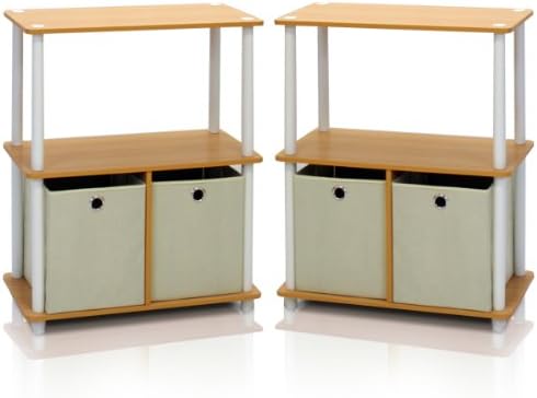 Furinno TURN-N-TUBE Storage Shelves Set of 2, 3-Tier Toolless Book Shelf with Storage Bins, Display Shelf, for Organization and Storage, Living Room, Garage, Home Office, Beech - Image 3
