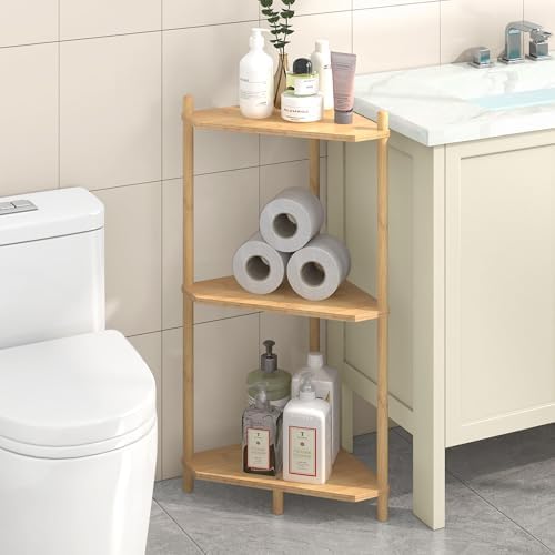Wisuce Natural Small Corner Shelf Stand, 3-Tier Bamboo Corner Bookshelf - Image 6