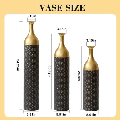 Tall Floor Vases Set of 3 for Decor Living Room Floor, Black and Gold Vases Home Decor, Embossed Body Pattern, 34.25" H/30.31" H/24.8" H Geometric Cylinder (Gold 8) - Image 2