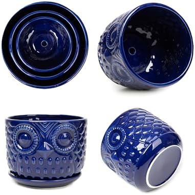 Ceramic Flower Pots, Ceramic Planters with Drainage Hole and Saucer, Modern Round Indoor Succulent Planters with Owl Design, Small to Medium-Sized, Set of 3, Navy Blue - Image 4