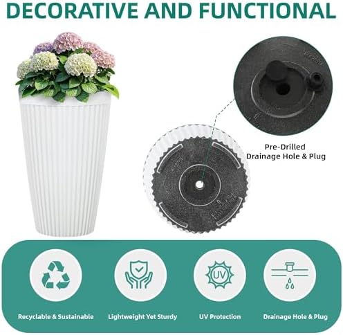 Autodaya 20" Tall Fluted Resin Planters Set of 2 with Drainage Holes - Image 5