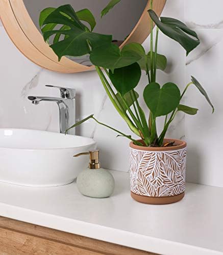 D'vine Dev Set of 2 Terracotta Pots, Leaf Pattern Planter Pot, 4 Inch and 6 Inch, Pot with Drainage Hole and Saucer, Terracotta/White, 31-958-T-1 - Image 6