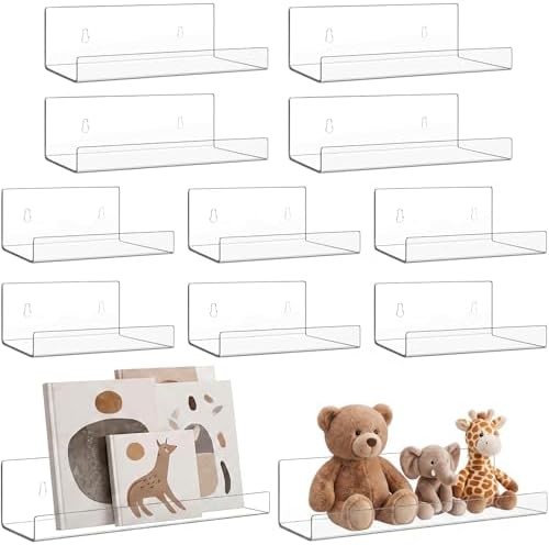 Blulu 12 Packs Multiple Sizes Acrylic Floating Shelf Wall Mounted Invisible Acrylic Shelf Ledge Floating Bookshelf for Living Room Office Bedroom Bathroom Kitchen Decoration Space Saving (Clear) by Blulu