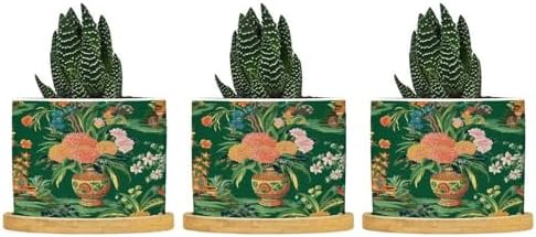 Vase Green Chinoiserie Planter Ceramic Daily Round Plant Pots with Drainage Holes and Bamboo Tray Pot for Home Desktop Office Windowsill by BRUYU5SE