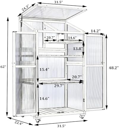 62" Tall Wooden Portable Greenhouse with Wheels, Adjustable Shelves, 3-Tier Cold Frame Plant Cabinet/ Indoor Outdoor Plant Stand, Rolling Mini Greenhouse for Patio, Balcony, Garden (Green) - Image 2