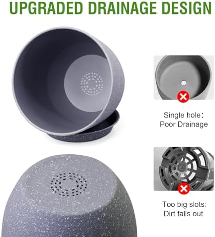 WSMKSZ 12/10/9 inch Large Plant Pots, 3 Pack Modern Decorative Plastic Planters with Drainage Holes and Saucer for House Garden Plants, Flower Pots for Indoor Outdoor Plants, Speckled Grey - Image 6