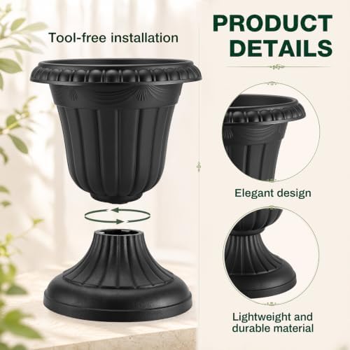 Zhehao 4 Pcs 13 x 15 Inches Black Plastic Urn Planter Classic Flower Pots Front Porch Planters Indoor Outdoor Planters with Pedestal for Wedding Party Bridal Shower Garden Patio Porch - Image 3
