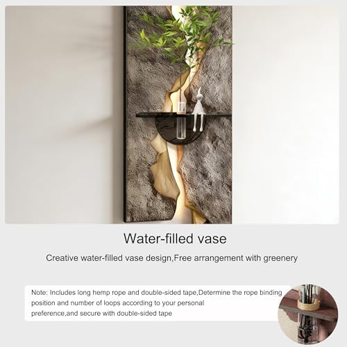 3D Textured Sandstone Wall Art with LED Light and Hydroponic Vase, Modern Framed Abstract Sculpture Wall Decor for Living Room Bedroom for Apartment Office Entryway(Grey-B,40x120cm (15.8x47.2in)) - Image 6