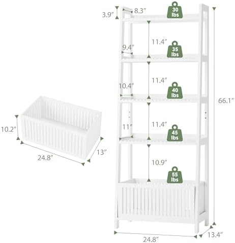 Bamjoy Bamboo White Bookshelf with Slatted Basket, Ladder Bookcase with 4 Display Shelves and 1 Open Storage Basket, Multifunctional Storage Rack Organizer for Home Office, Bedroom, Living Room, 66” H - Image 2