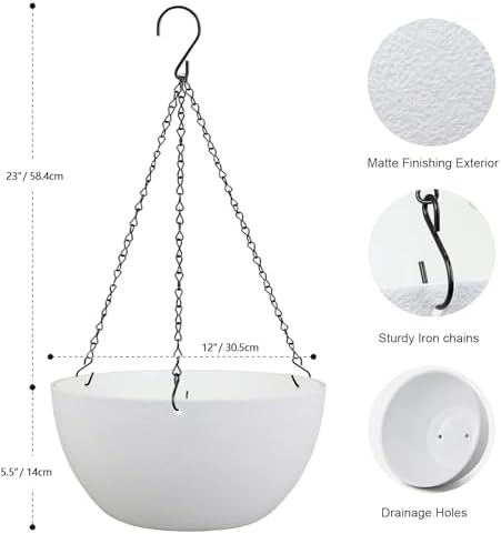Meowell 12 inch Large Hanging Planters for Indoor Outdoor Plants, 2 Pack Hanging Flower Pots with Drainage Holes and Chain for Garden Porch, Plastic Hanging Baskets for House Plants, White - Image 2