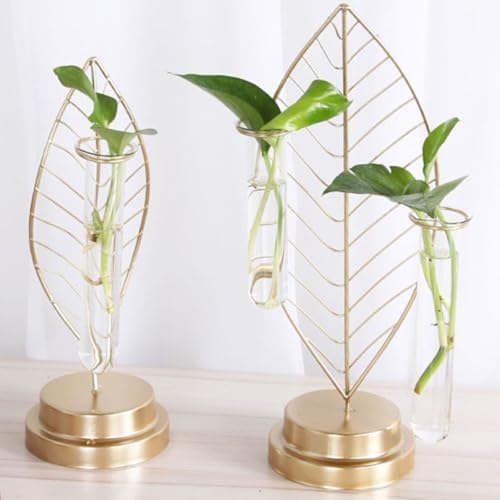 HOMSFOU Glass Test Tube Hydroponic Vase with Iron Golden Leaf Frame, 3-Tube Plant Propagation Planter for Home Décor and Flower Arrangement - Image 5
