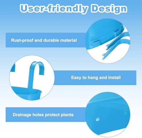 uxcell Rail Planter for Outdoor Plants, 4 Pcs 11" Iron Wall Hanging Planters Fence Railing Balcony Planters with Drainage Holes and Detachable Hooks, Dark Blue - Image 4