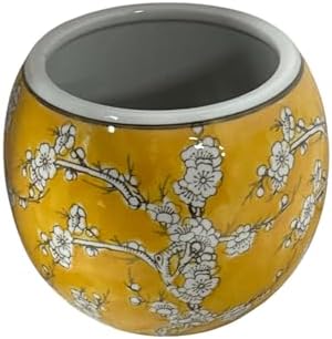 Ceramic Planter Pot with Watercolor Cherry Blossom Design, 7 Inch Diameter, Potbelly Shape, No Drain Hole, 3lbs (Golden Yellow) - Image 4