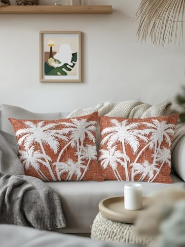 Throw Pillows 18x18 Set of 2, Tropical Palm Tree Waterproof Outdoor Pillow Covers with Insert, Vintage Burnt Orange Botanical Plants Decorative Pillowcase Cushion for Patio, Garden, Couch, Sofa, Bed - Image 3