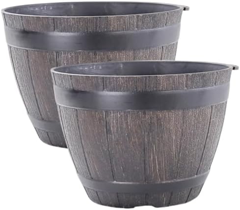 2PCS Barrel Planter 7.5 Inch Resin Large Pots for Plants with Drainage for Indoor Outdoor Garden Yard - Image 6